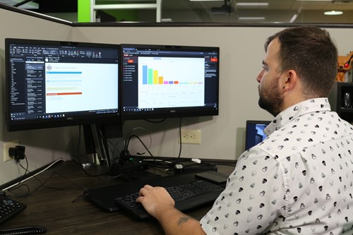 Photo of a man sitting in front of two monitors. The left monitor shows email and the right monitor shows a bar chart.